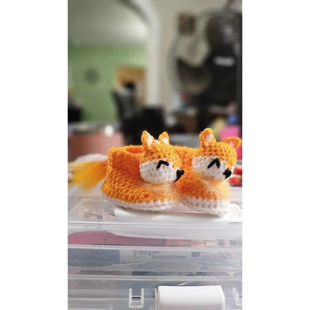 Crochet Fox Baby Booties, Woodland Felt Lined Slippers (0-3 Months)